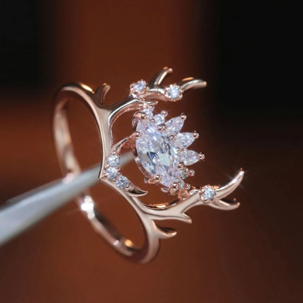 Luxurious Copper Elk Antler + Cubic Zirconia Ring - Picture 2 of 6